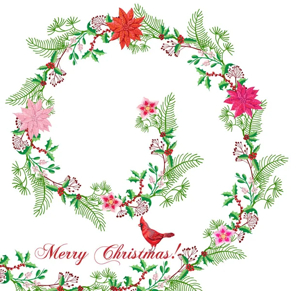 Christmas card decoration with Bird and Poinsettia — Stock Vector