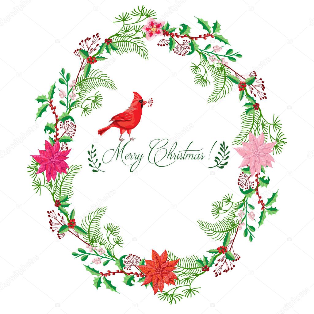 Christmas card  with wreath, Bird and Poinsettia