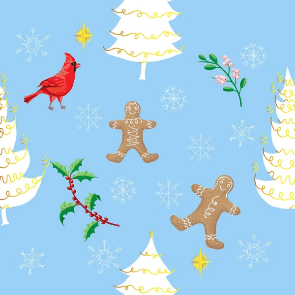 Padrão sem costura de Natal com pássaros, árvores de Natal e neve — Vetor de Stock