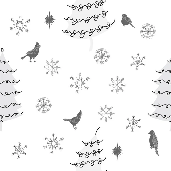 Modèle sans couture de Noël avec oiseaux, arbres de Noël et neige — Image vectorielle