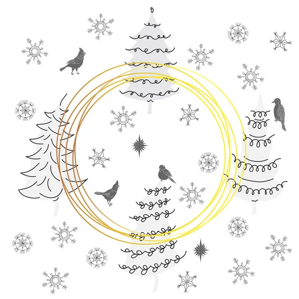Modèle sans couture de Noël avec oiseaux, arbres de Noël et neige — Image vectorielle