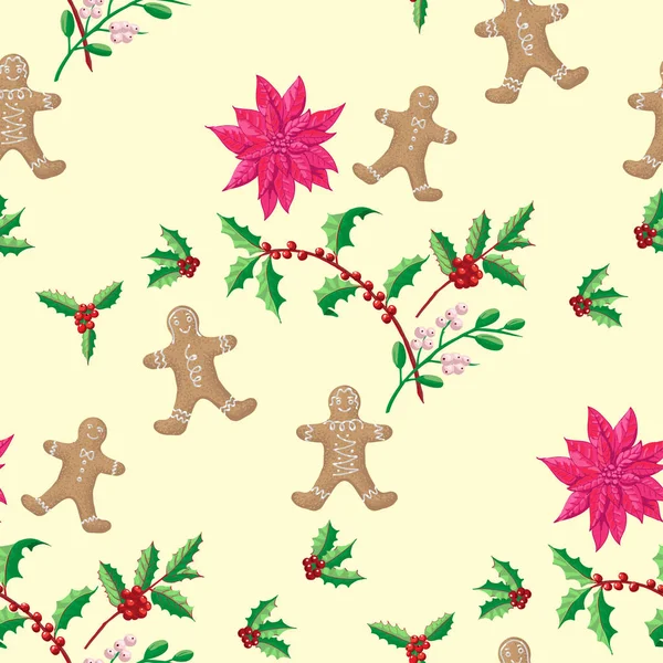 无缝图案圣诞装饰与 poinsettia 和生姜 — 图库矢量图片