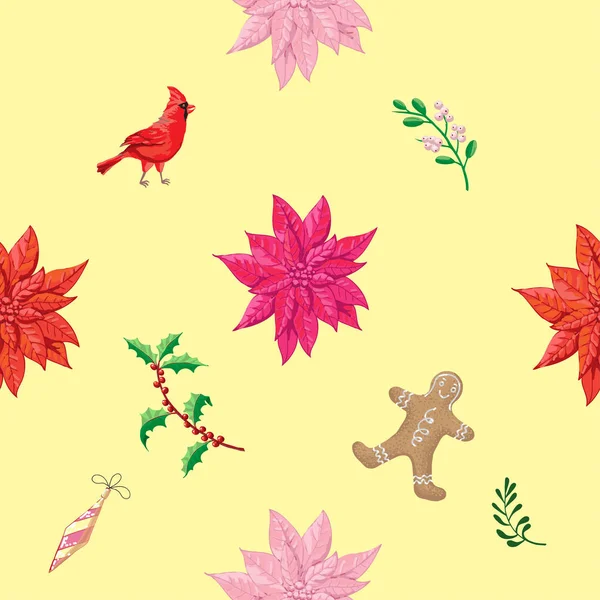 Motif sans couture Décoration de Noël avec Poinsettia et gingembre — Image vectorielle