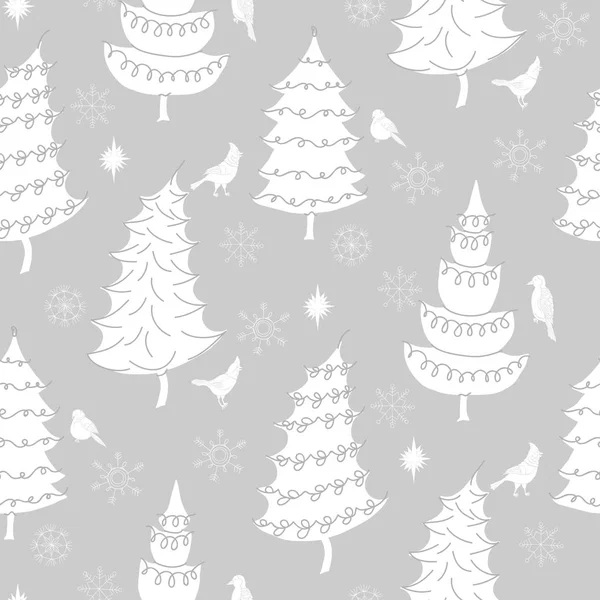 Patrón sin costura de Navidad con pájaros, árboles de Navidad y nieve — Archivo Imágenes Vectoriales
