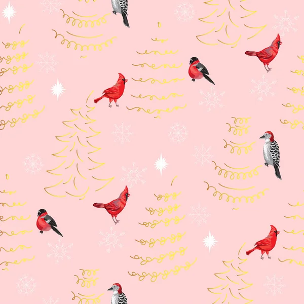 Безшовні Різдва малюнком із птахів, новорічні ялинки і сніг — стоковий вектор