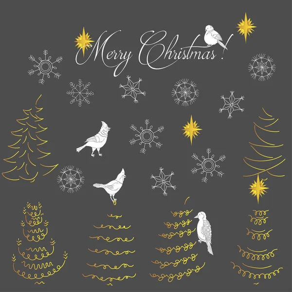Fundo de Natal com pássaros, árvores de Natal e flocos de neve — Vetor de Stock