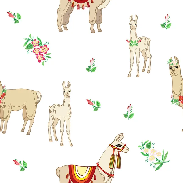 Llamas com flores. Padrão sem costura desenhado à mão — Vetor de Stock