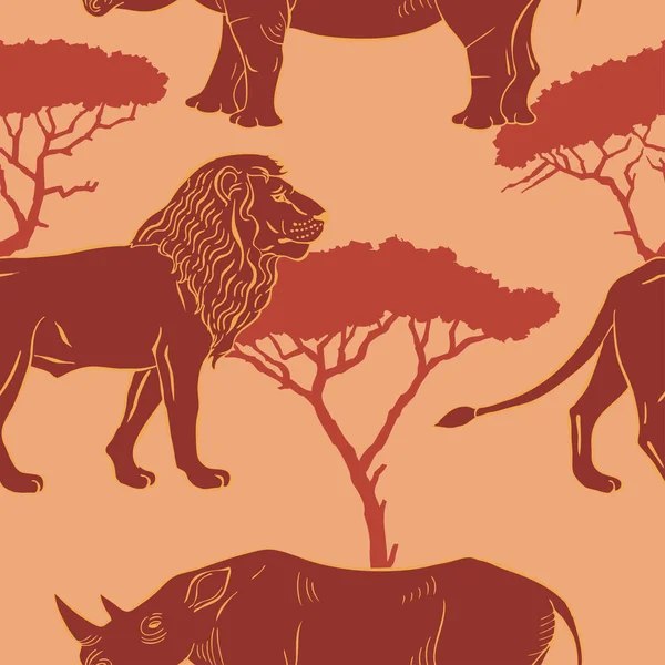 サバンナの動物とのシームレスなパターン サファリパークで手描き動物スケッチ ベクトル図 — ストックベクタ