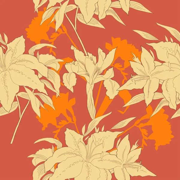 Бесшовный узор с ирисами и цветами лилий . — стоковый вектор