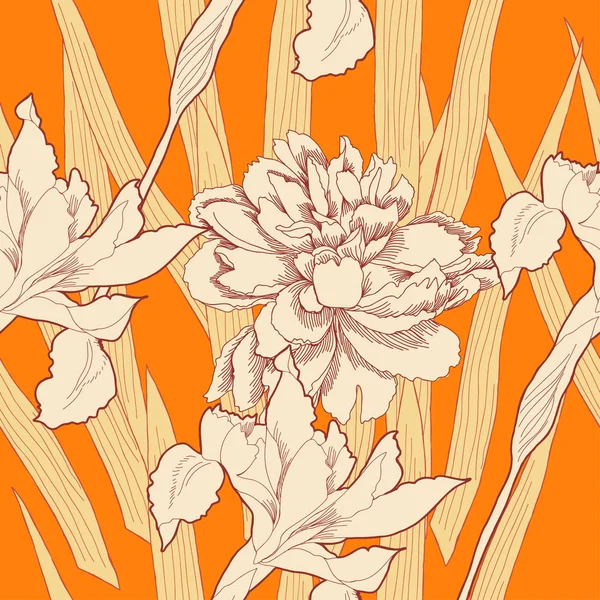 Nahtloses Muster mit Pfingstrosen und Iris-Blüten. Vektorflorale — Stockvektor