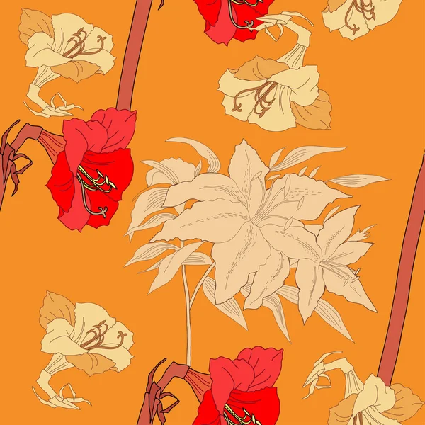 Naadloze patroon met amaryllis en lelies bloemen — Stockvector
