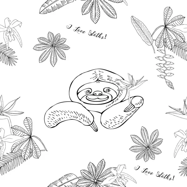 Seamless Pattern with Sloths in Jungle. Animal and Plants sketches. Hand Drawn Background — Stock Vector