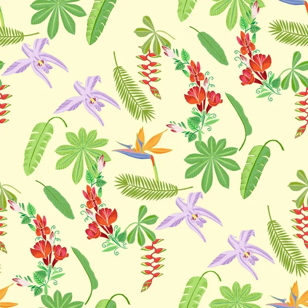 Бесшовный узор с растениями и цветами в джунглях — стоковый вектор