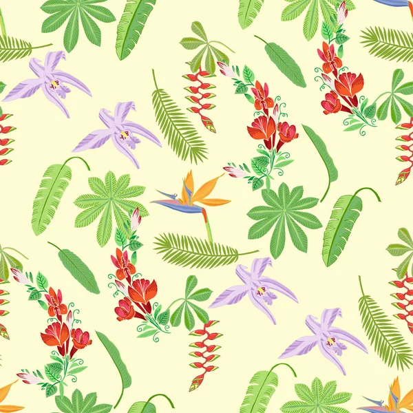 Patrón sin costuras con plantas y flores en la selva — Vector de stock