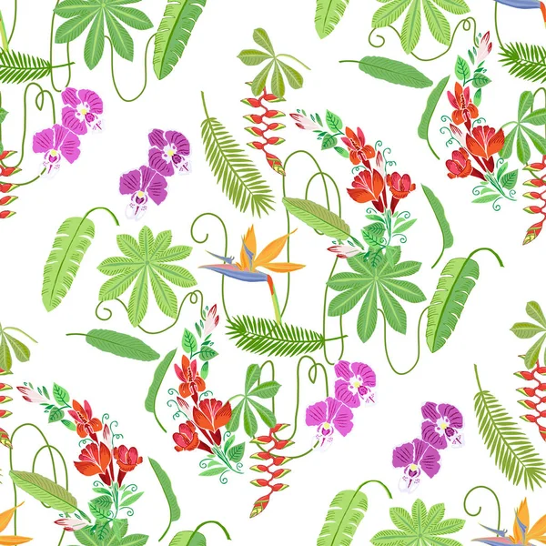 Patrón sin costuras con plantas y flores en la selva — Archivo Imágenes Vectoriales