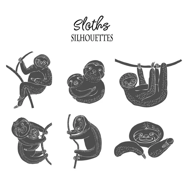 Sloths silhouettes animaux croquis. Fond dessiné à la main — Image vectorielle