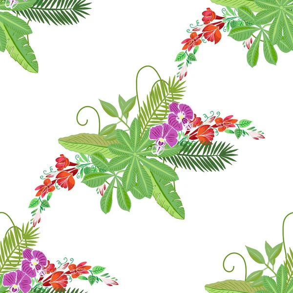 ジャングルの植物と花とのシームレスなパターン — ストックベクタ
