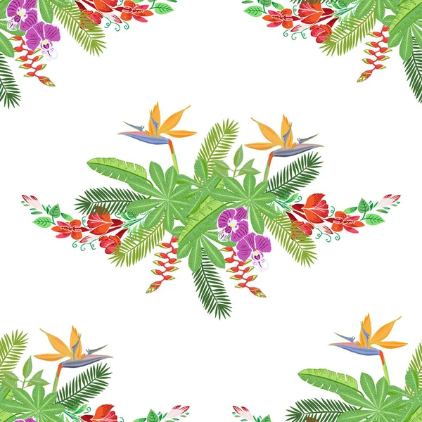 ジャングルの植物と花とのシームレスなパターン — ストックベクタ
