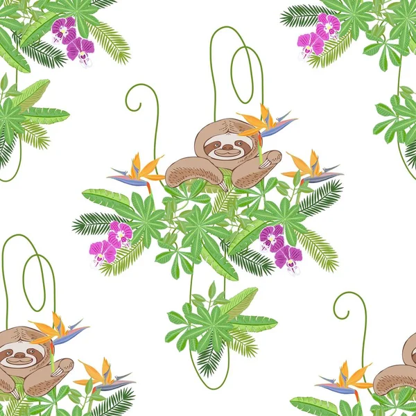 ジャングルのナマケモノでシームレスなパターン — ストックベクタ