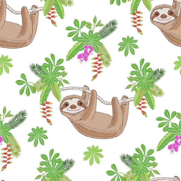 Modèle sans couture avec des paresseux dans la jungle — Image vectorielle