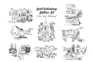 Saint Petersburg Skeçler Set.El Çizilmiş Sokaklar ve Cityscape.