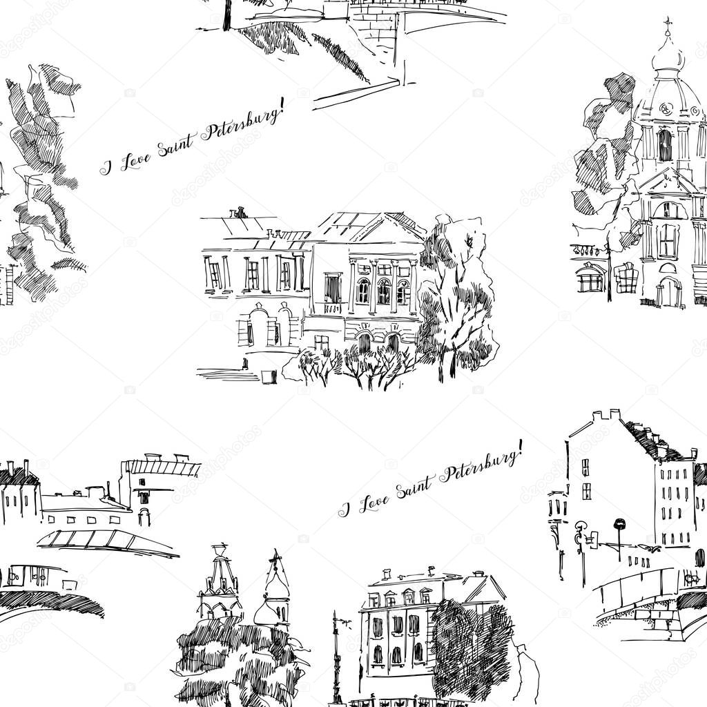 Seamless pattern with Saint Petersburg Sketches. Background with Streets