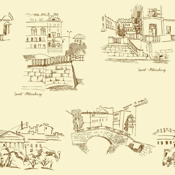 Бесшовный рисунок с петербургскими эскизами. Фон с улицами — стоковый вектор