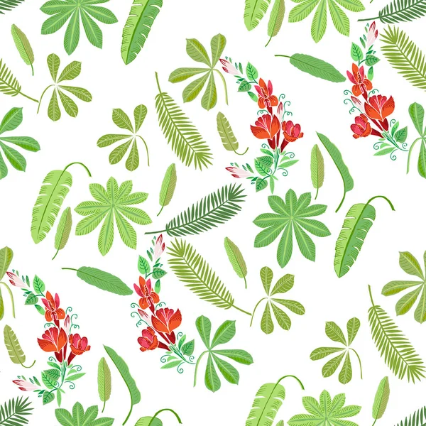 Modèle sans couture avec des plantes et des fleurs dans la jungle — Image vectorielle