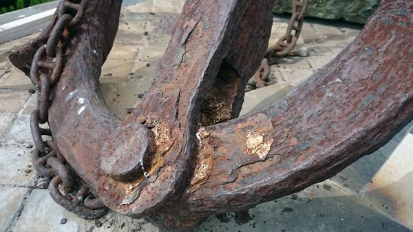 Bir zincir ile eski paslı çapa parçası.