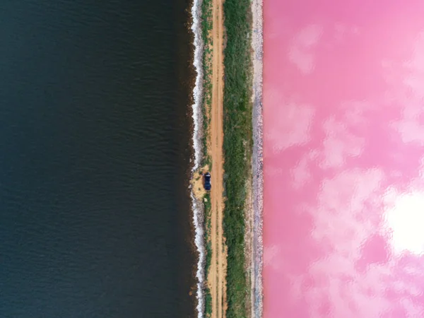 ทะเลสาบสีชมพู ถ่ายภาพจากมุมมองของนก ทะเลสาบสีชมพูและมืดถูกแยกออกจากกันโดยถนนสกปรกที่มีพุ่มไม้ .... — ภาพถ่ายสต็อก