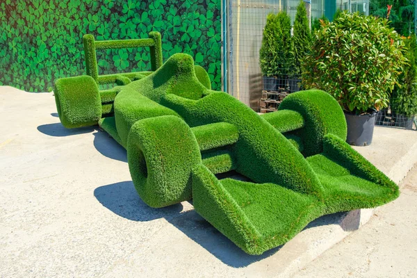 Çimlerle kaplı bir spor araba figürü. Parkta yeşil çim çimenyapılmış şekil, boş alan. Yeşil çim kaplı topiary , peyzaj tasarımı.