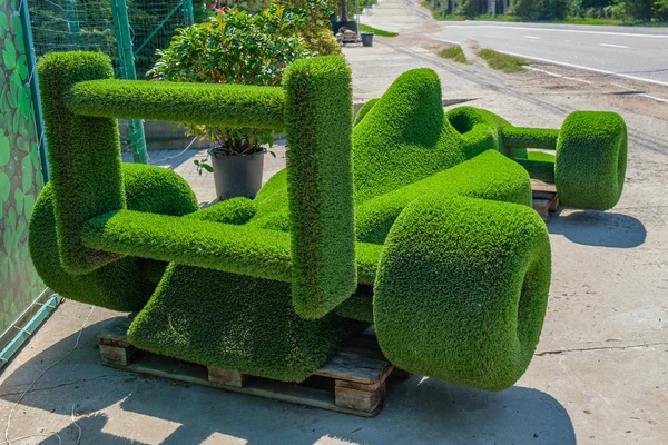 Çimlerle kaplı bir spor araba figürü. Parkta yeşil çim çimenyapılmış şekil, boş alan. Yeşil çim kaplı topiary , peyzaj tasarımı.