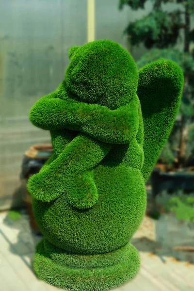  kollar ve bacaklar çapraz rakam çim kaplı bir top üzerinde oturur. Parkta yeşil çim çimenyapılmış şekil, boş alan. Yeşil çim kaplı topiary , peyzaj tasarımı.