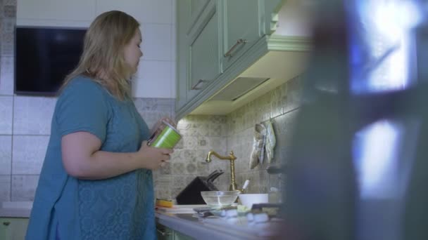 Жирная женщина кухня — стоковое видео