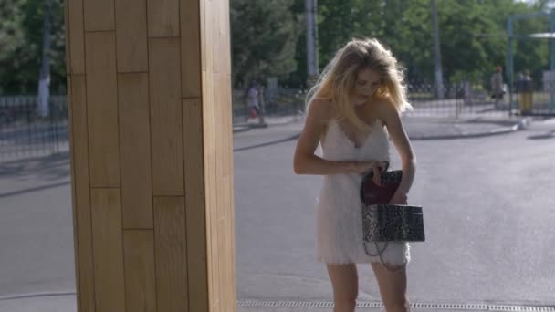 Дівчина моди рветься в її гаманець — стокове відео