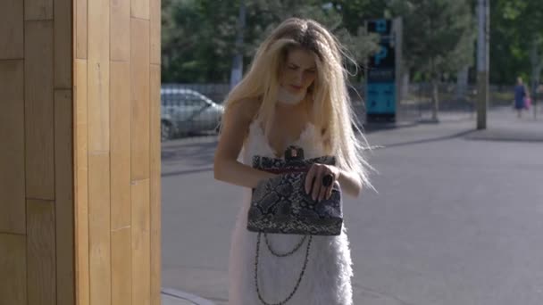 Дівчина моди рветься в її гаманець — стокове відео