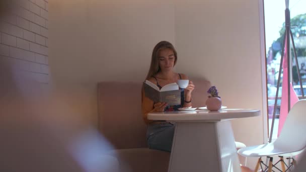 Flicka på ett kafé som blädtar igenom en bok — Stockvideo