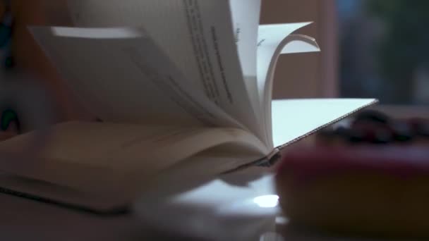 Дівчина в кафе листя через книгу — стокове відео