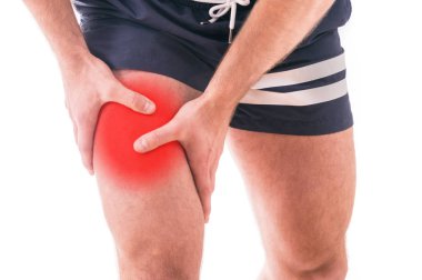 Man with quadriceps pain over white background clipart