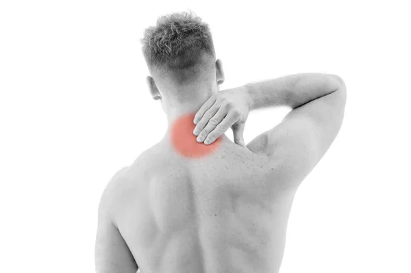 Hombre Con Dolor Cuello Sobre Fondo Blanco —  Fotos de Stock