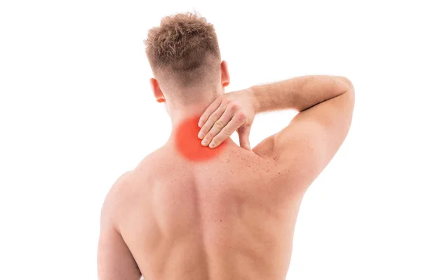 Hombre Con Dolor Cuello Sobre Fondo Blanco — Foto de Stock