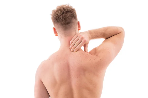 Hombre Con Dolor Cuello Sobre Fondo Blanco — Foto de Stock