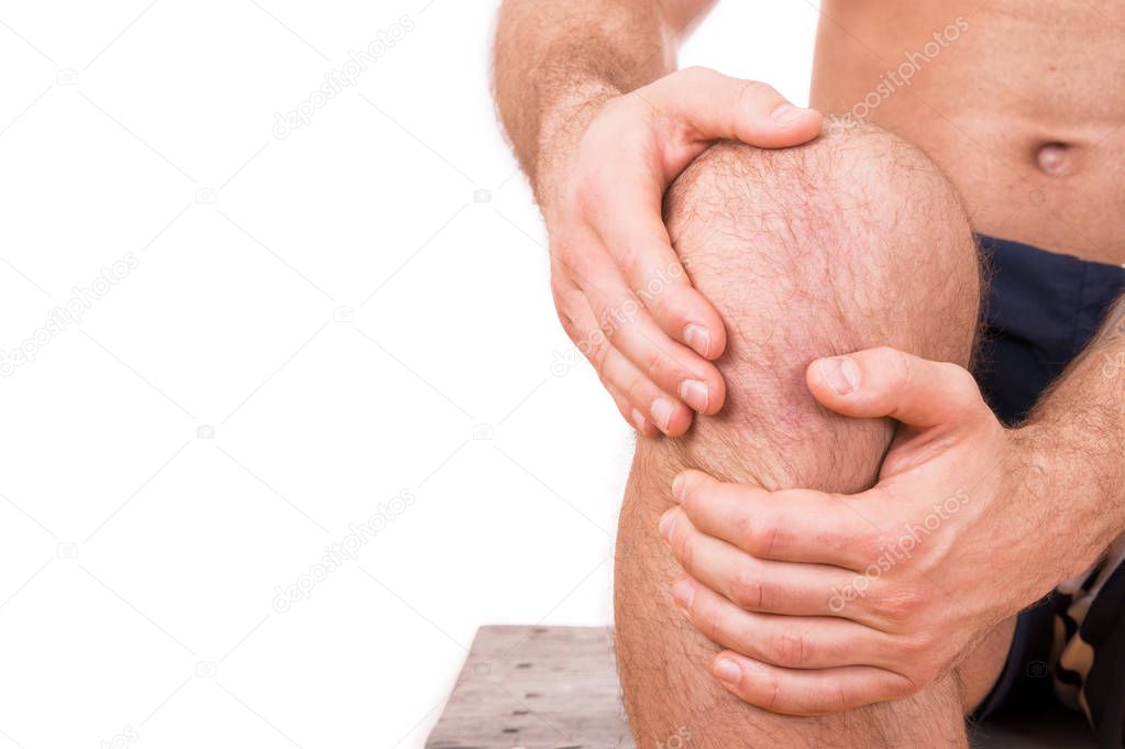 Man with knee pain over white background