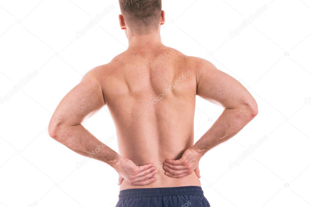 Back view of a shirtless man with lower back pain