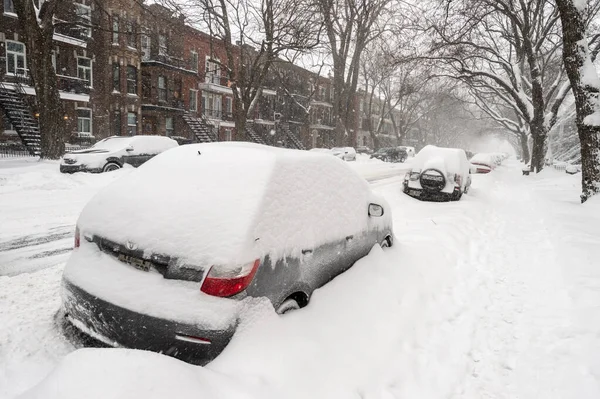 Montreal Kanada Stycznia 2019 Samochody Pokryte Śniegiem Podczas Burzy Śnieżnej — Zdjęcie stockowe