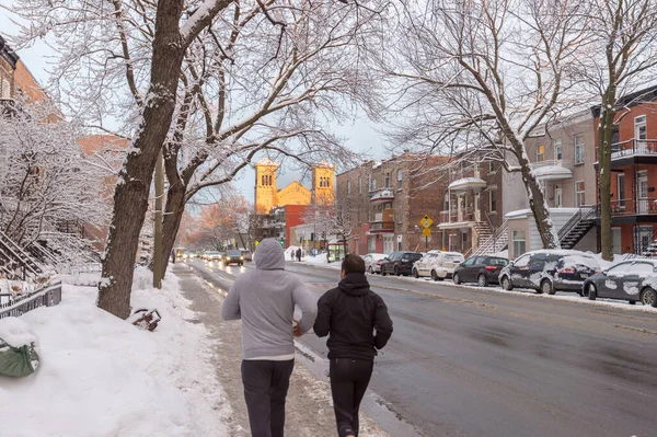 Montreal Lutego 2018 Ruch Uliczny Ludzie Biegnący Burzy Śnieżnej Lorimier — Zdjęcie stockowe