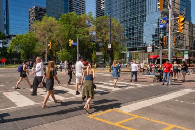 Toronto, Kanada - 22 Haziran 2019: Toronto şehir merkezinde York caddesinden geçen bir kalabalık