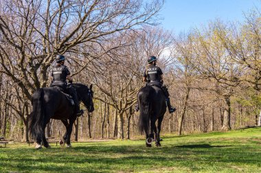 Montreal, CA - 18 May 2020: Horse Mounted Police in Mount Royal Park clipart