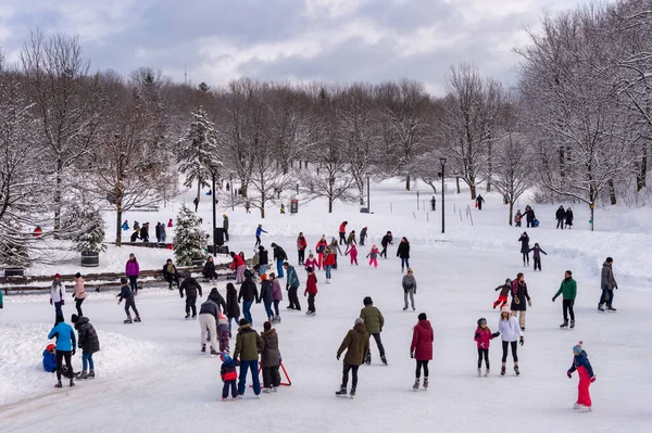 Montreal, CA - 01 Ocak 2020: Birçok insan Royal Dağı 'nın tepesindeki buz pateni pistinde buz pateni yapıyor