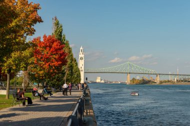 Montreal, CA - 9 Ekim 2018: Montreal Saat Kulesi ve sonbahar renkleriyle Jacques Cartier Köprüsü